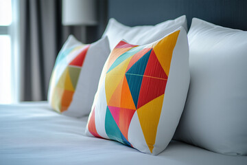 Collection of identical white pillows arranged neatly on a bed in a cozy bedroom