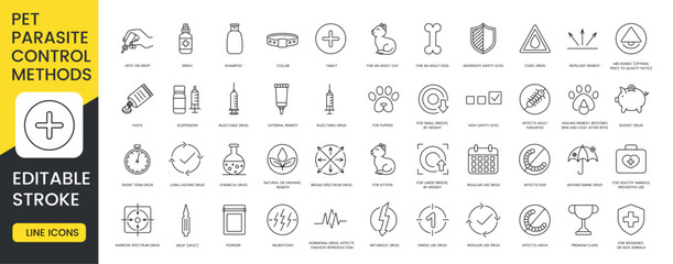A set of pet parasite control method icons in vector representing different treatments medications and preventive solutions for animal health with an editable stroke