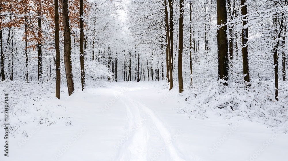 Aufkleber serene winter pathway through snow covered forest trees with lush white foliage : generative ai
