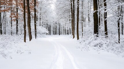 Fototapeta premium Serene Winter Pathway through Snow Covered Forest Trees with Lush White Foliage : Generative AI