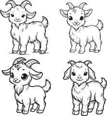Charming Baby Goat Illustrations - Black and White Cartoon-Style Kids with Unique Designs