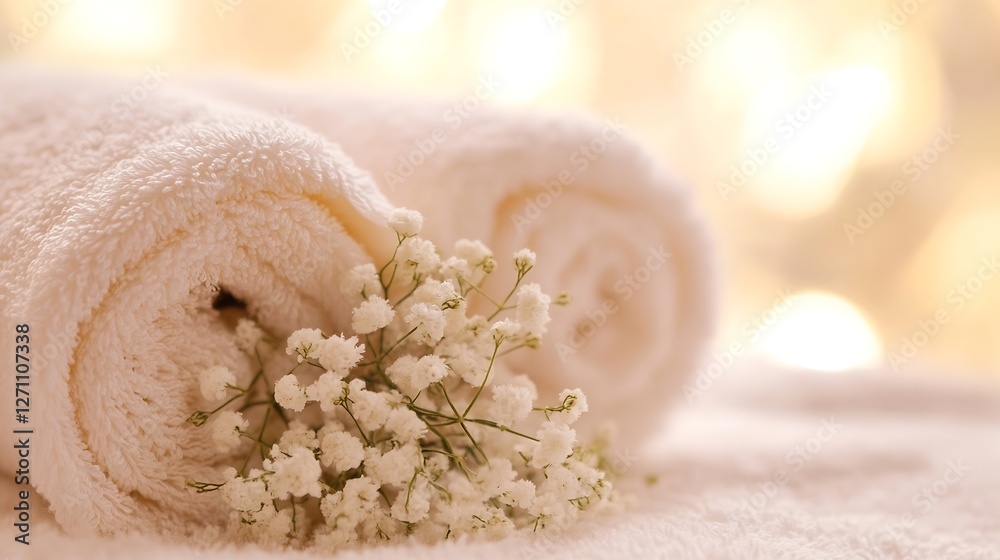 Poster soft white towels and delicate flowers create a tranquil spa atmosphere for relaxation and selfcare 