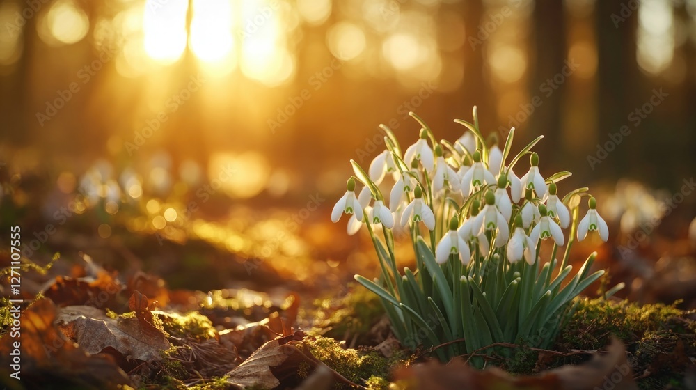 Poster a cluster of snowdrops growing in the midst of a forest, surrounded by trees and foliage