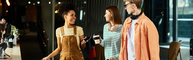 Colleagues enjoying a casual moment at a hotel coffee bar during a business trip