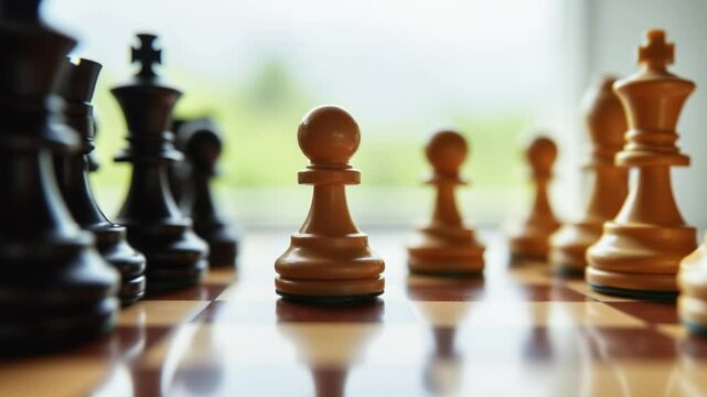 A chessboard with a single pawn facing off against a row of opposing pieces, representing the concepts of strategy, challenge, and overcoming obstacles