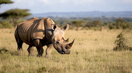 Obraz premium Majestic rhinoceros grazing in the grassland under a beautiful blue sky in the wilderness : Generative AI