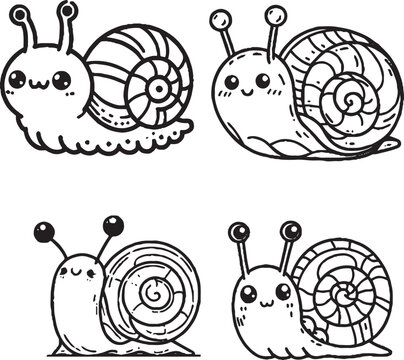 Charming Snail Illustrations - Black and White Cartoon-Style Snails with Whimsical Designs"