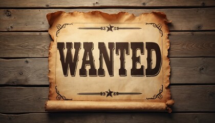 Vintage wild west style brown paper scroll with WANTED text on grunge wooden wall. Old fashioned antique retro poster with western font, engravings. Law enforcement concept. Empty blank for