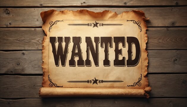 Vintage wild west style brown paper scroll with WANTED text on grunge wooden wall. Old fashioned antique retro poster with western font, engravings. Law enforcement concept. Empty blank for