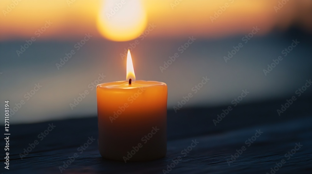 Fototapete closeup of a lit candle on a wooden surface with a soft sunset backdrop creating a warm and calming 