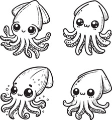 Charming Squid Illustrations - Black and White Cartoon-Style Squids with Friendly Expressions