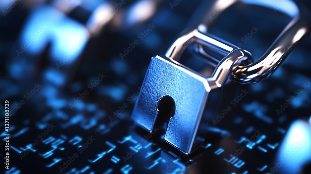 Aufkleber shiny silver padlock on digital backdrop emphasizing cyber protection : generative ai