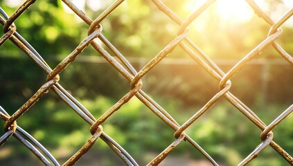 Fototapeta premium Rusty Chain Link Fence Under Sunlight in Lush Greenery