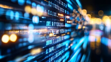 Fototapeta premium Vibrant abstract digital background with binary code and colorful bokeh lights for technology and data concepts : Generative AI
