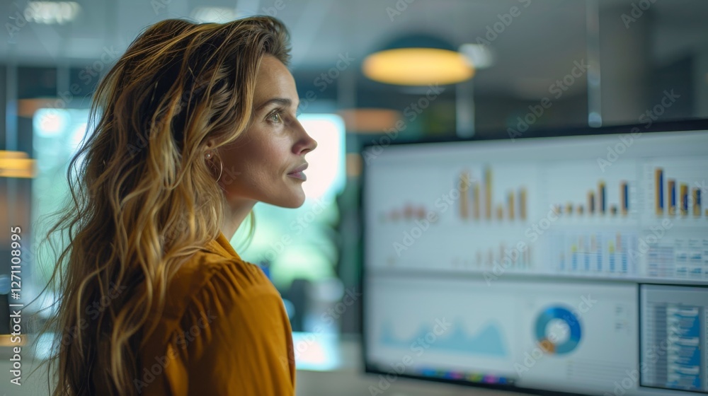 Poster a businesswoman with long hair focuses intently on her computer screen displaying various graphs and
