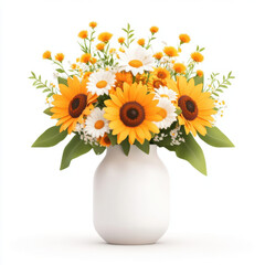 vibrant flower vase arrangement featuring sunflowers, daisies, and greenery, perfect for brightening any space. cheerful colors evoke sense of joy and warmth