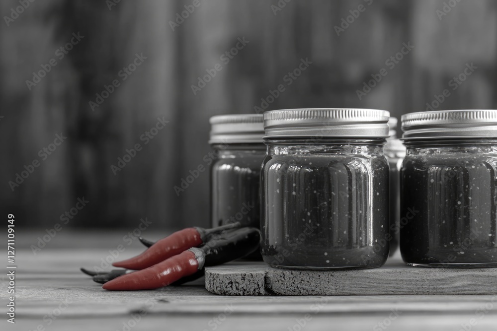 Aufkleber a photo of three food jars placed on a wooden table with a rustic background