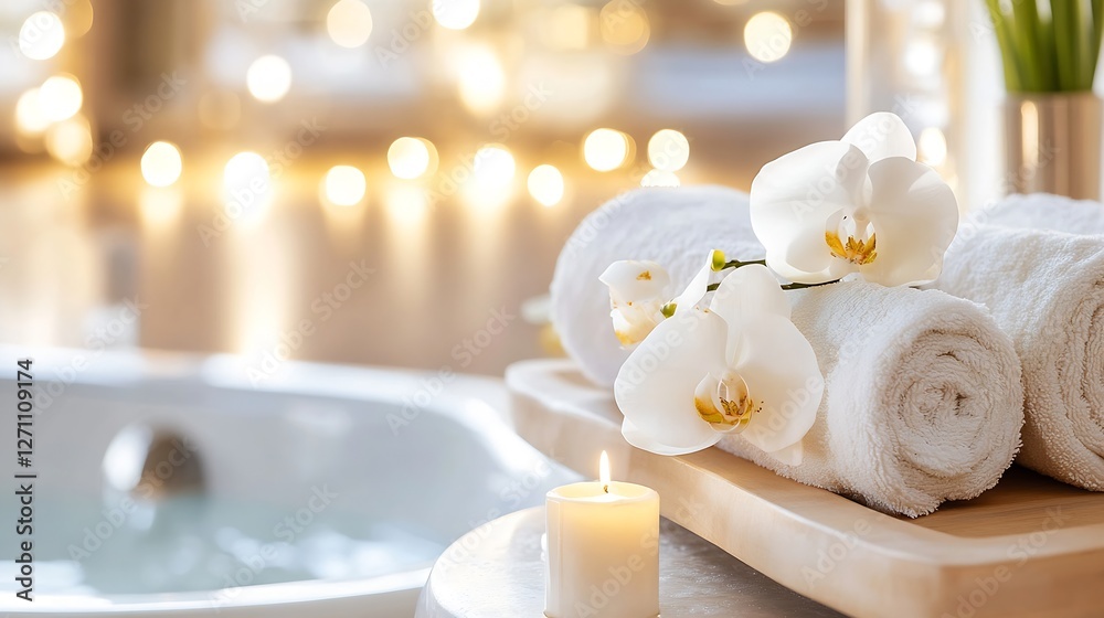 Leinwandbilder Relaxing spa setting with white towels and delicate orchids creating a serene atmosphere : Generative AI