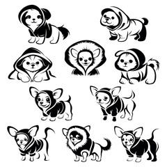 Fototapeta premium set of black vector icons of chihuahua dog in clothes