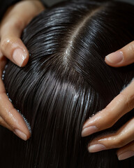 Fototapeta premium Hands skillfully applying shampoo to luxurious dark brown hair with gray highlights in a serene salon atmosphere under soft natural light, showcasing the beauty of hair care rituals