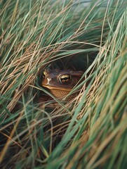 Obraz premium A small brown frog peeking out from tall grass.