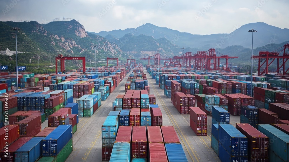 Poster a large group of storage containers stacked on a parking lot, providing ample space for goods and eq