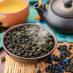 Steaming oolong tea leaves in a bowl alongside a teapot and cup ready for brewing.