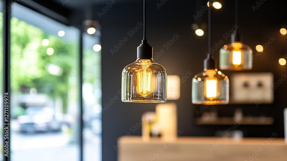 Poster stylish pendant lights hanging in a modern café with inviting ambiance and warm glow : generative ai