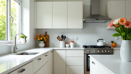 A bright and airy kitchen with modern appliances, white countertops, and a vase of fresh flowers, evoking a sense of cleanliness and style.