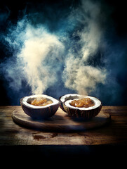 Steaming coconut bowls filled with caramelized fruit on a rustic wooden board against a smoky dark background.