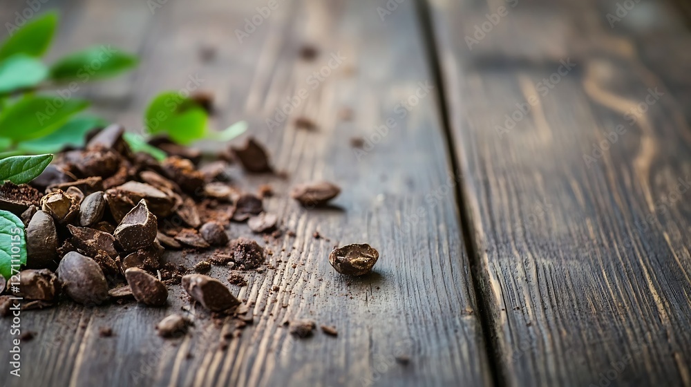 Poster scattered cocoa powder and raw cocoa beans on a rustic wooden surface surrounded by green leaves : g