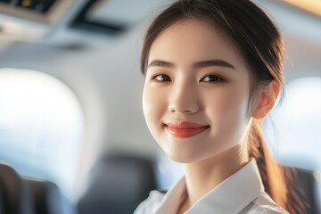 Smiling Young Woman in Airplane Cabin with Bright Natural Light
