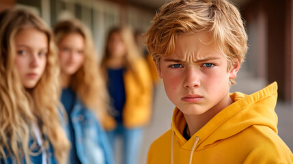 Fototapeta premium Blond boy in a yellow hoodie displays frustration in a vibrant school hallway with friends nearby