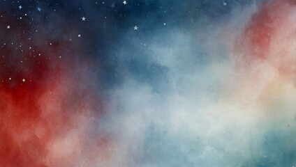 Fototapeta premium A soft, faded water color background in white, blue, and red hues, featuring a delicate star border, ideal for Memorial or Veterans Day, 4 July, independence day 