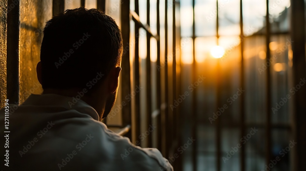 Poster man sitting in jail cell looking out at sunset through bars reflecting on freedom : generative ai