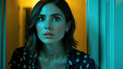 Woman looks anxious in a dimly lit hallway filled with suspense during the encounter