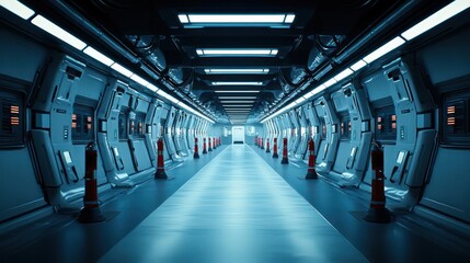 Obraz premium Futuristic Spaceship Corridor Interior: Long Blue and White Metal Hallway with Red Fire Extinguishers