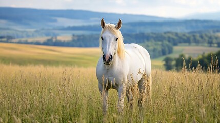 Obraz premium Beautiful white horse standing in a vibrant green meadow under a clear blue sky : Generative AI