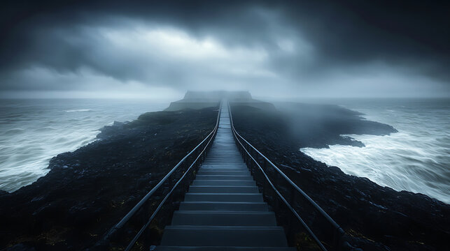A misty stairway stretches towards a distant structure flanked by rocky shores and turbulent waves under a stormy sky.