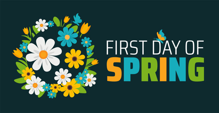 First Day of Spring flower background banner or poster design template. observed every year in  March. Holiday concept. Use to any Template, card, poster, placard, template.