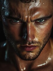 Obraz premium Intense Gaze of a Sweating Man - Close-up portrait, strength, determination, sweat, masculinity. Symbolizing power, resilience, effort, grit, and intensity