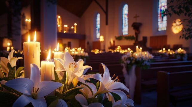 Church with lit candles, white flowers and peaceful ambiance; suitable for a wedding ceremony or prayer gathering.