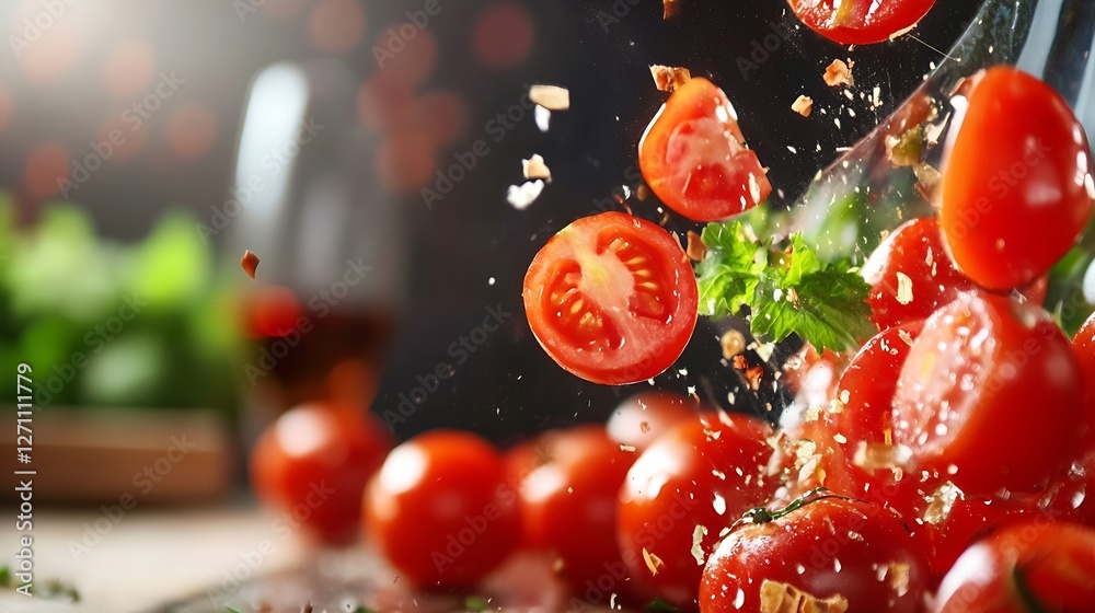 Poster Fresh Cherry Tomatoes Splashing Into Bowl Surrounded by Aromatic Herbs and Bokeh Background : Generative AI