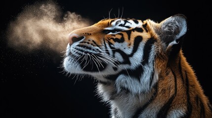 Naklejka premium Tiger Exhaling Dust, Dark Background