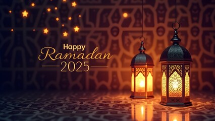 A warm and inviting scene showcasing Happy Ramadan 2025 with two illuminated traditional Ramadan lanterns.