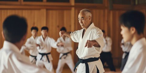 A group of martial arts students practicing basic moves under the watchful eye of a seasoned sensei in a traditional dojo
