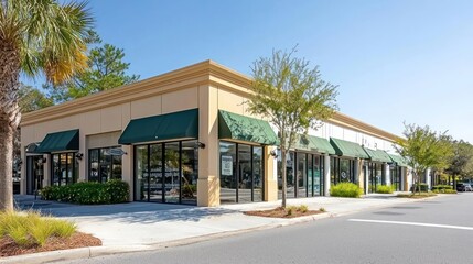 Modern Beige Commercial Building with Green Awnings