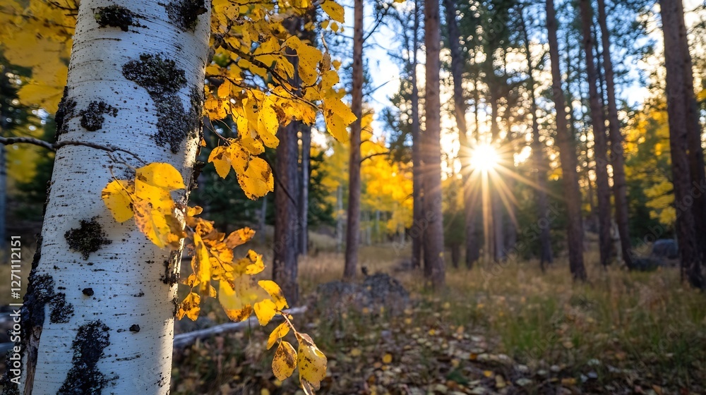 Poster autumn landscape with sunlight filtering through colorful leaves in a mountain forest scene : genera