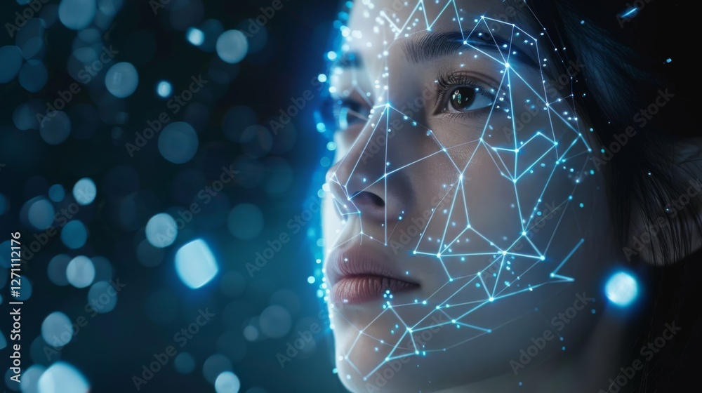 Poster A close up view of a female face featuring a network of bright, glowing connections and particles. The atmosphere suggests a digital or futuristic environment with elements of technology.