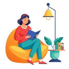Fototapeta premium A woman is immersed in a book while seated on a vibrant bean bag. She holds a cup of chai, surrounded by a cozy atmosphere created by a nearby lamp and plants
